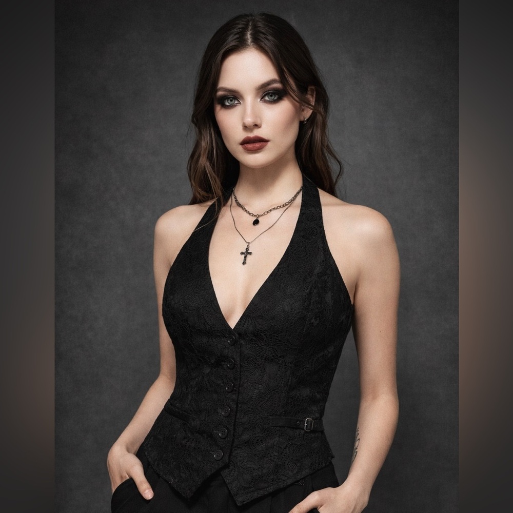 New York & Company Black Lace Halter Vest Top